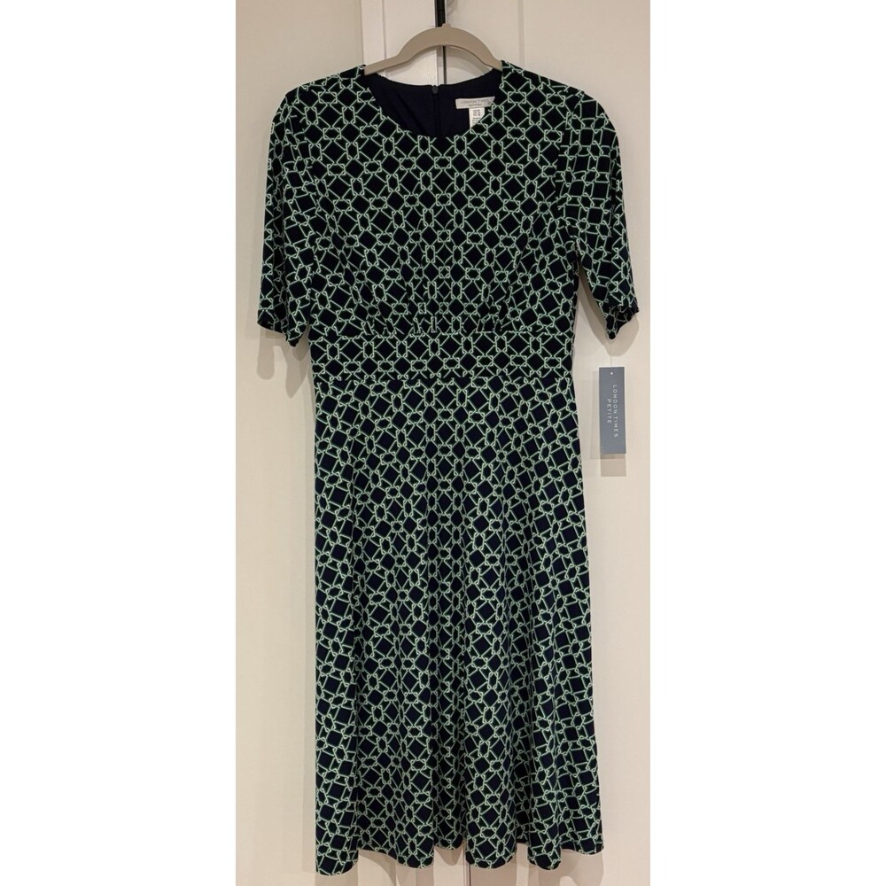 London Times Dress Women's Size 6P Petites Navy Blue Green Printed A-Line NWT